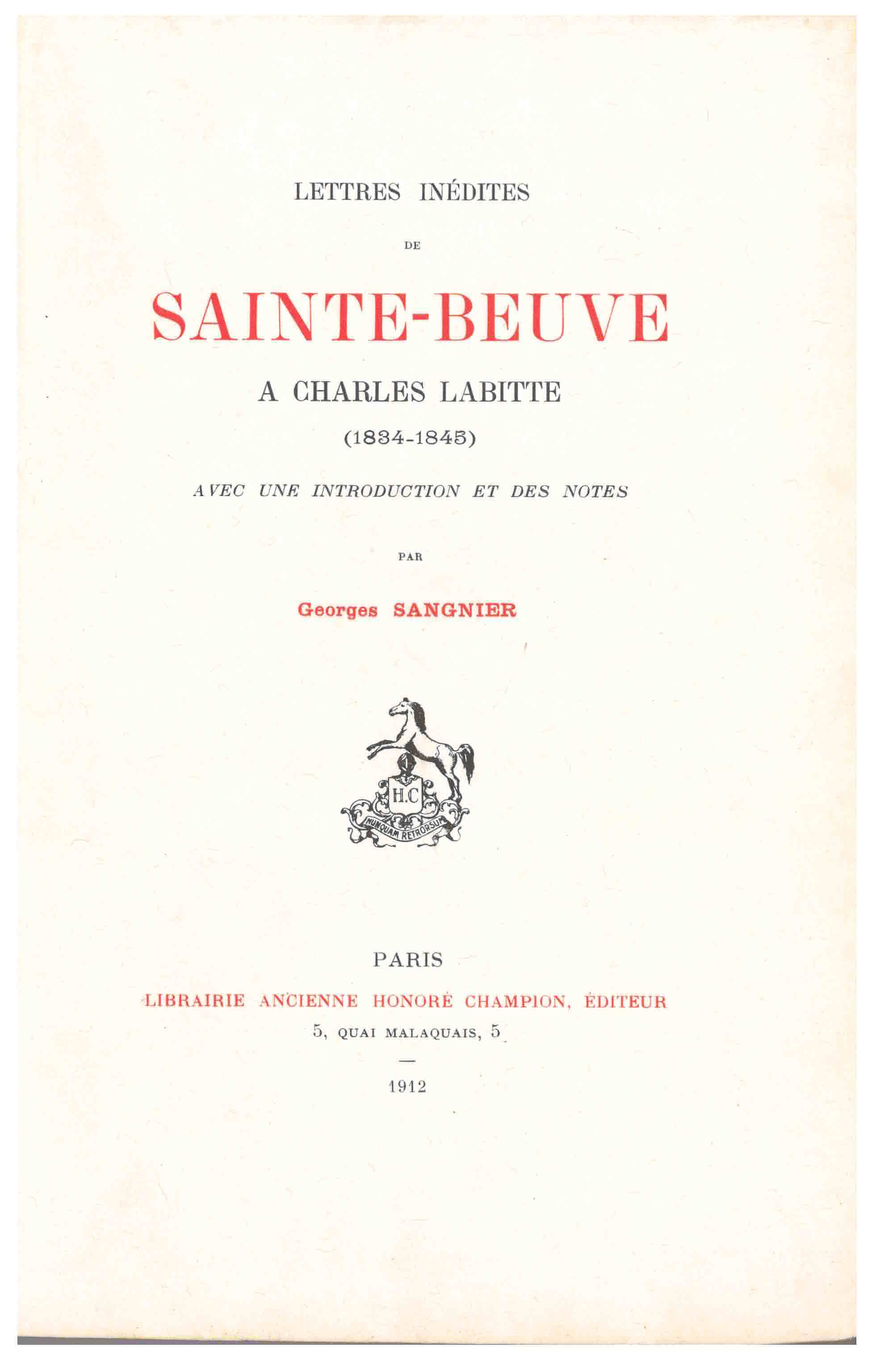 LETTRES INÉDITES À CHARLES LABITTE (1834-1845),
